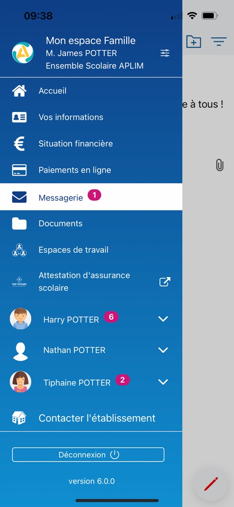 Mon EcoleDirecte - La aplicación ofrece una navegación clara a través de un menú lateral que muestra opciones esenciales como la 'Messagerie' con un indicador de mensajes (1) y permite la selección de perfiles de estudiantes como 'Harry Potter', facilitando el acceso a información específica.