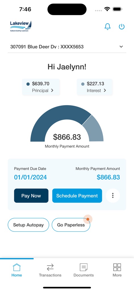 Lakeview Mortgage - See how the app provides a personalized dashboard featuring the current monthly payment amount and options to 'Pay Now' or 'Schedule Payment'.