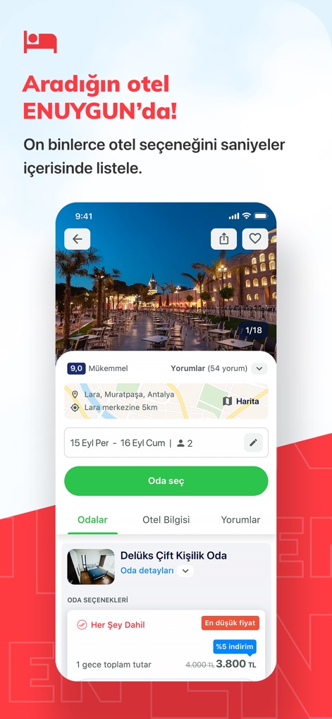 ENUYGUN: Uçak Otel Otobüs Araç - This screen showcases detailed hotel listings with image carousels and ratings, alongside flexible room selection options including discounted prices.