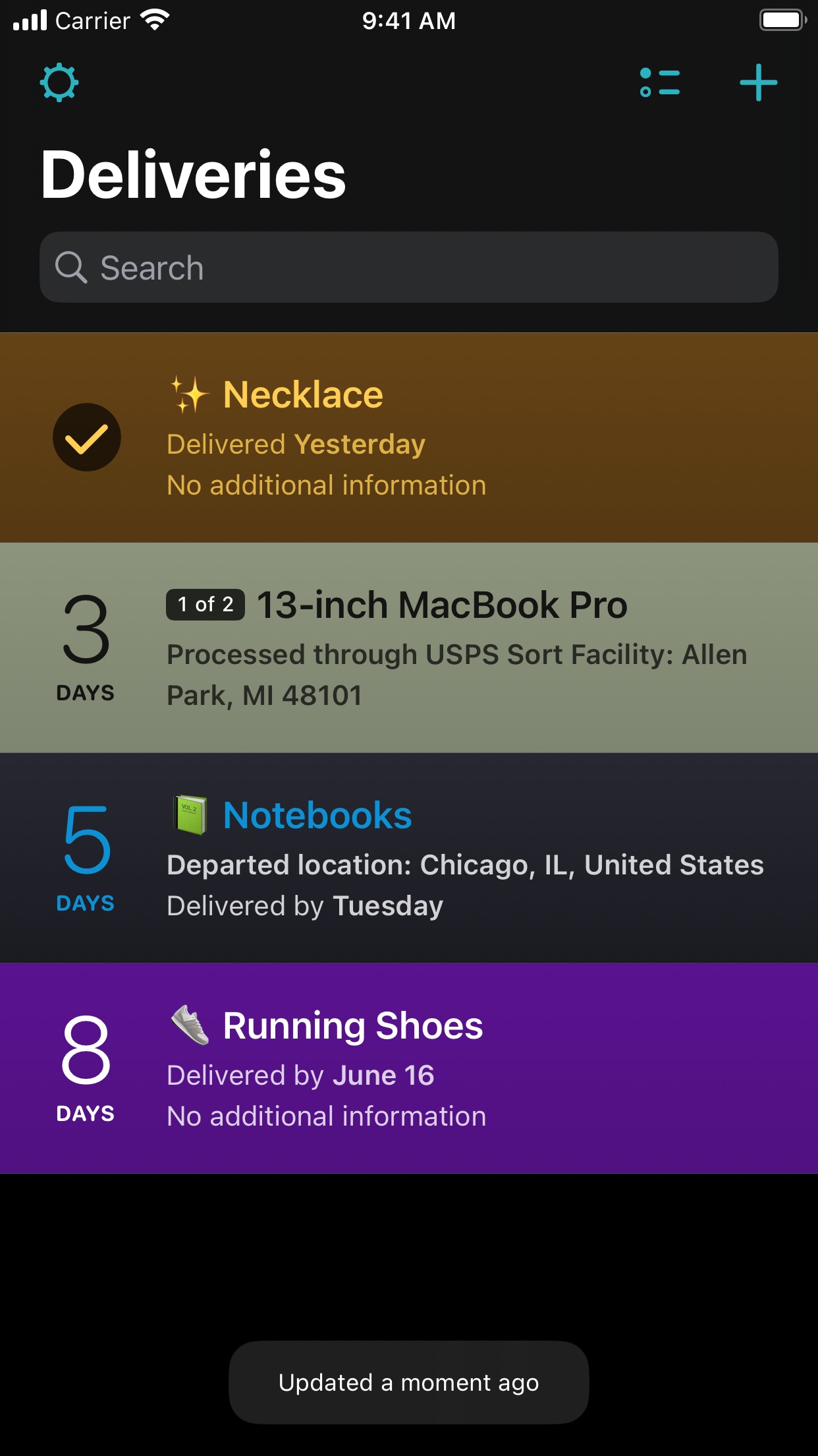 Screenshot do app Deliveries: a package tracker