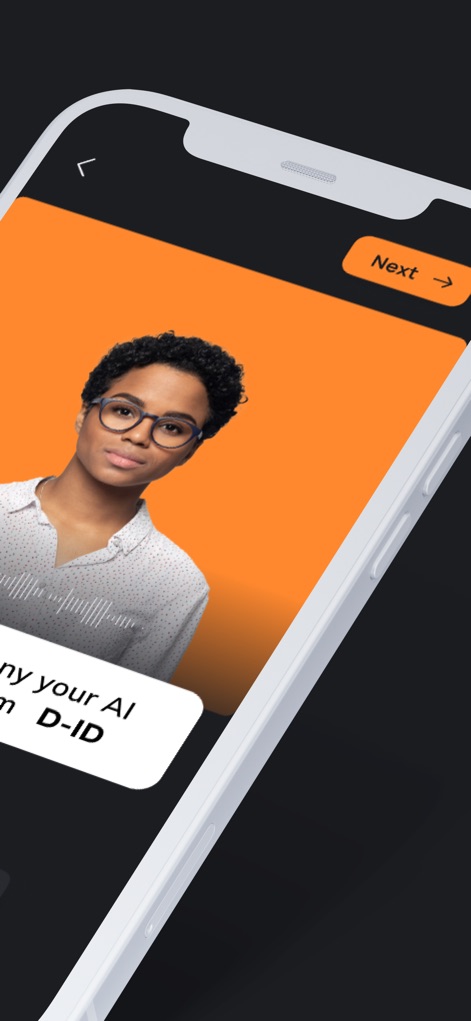 D-ID: AI Video Generator - Esta captura muestra una interfaz limpia donde los usuarios pueden previsualizar su avatar de IA de mujer y avanzar en el proceso de creación con el intuitivo botón "Next".