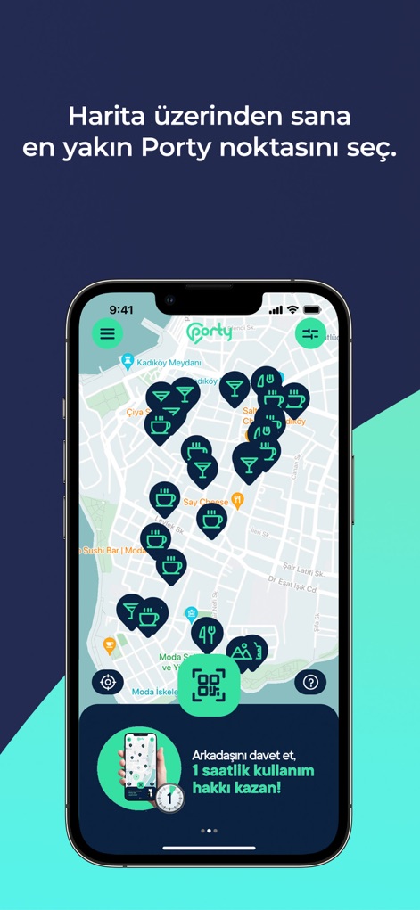 Porty - The app visually highlights available Porty stations on a detailed map interface and features an incentive for users to invite friends.
