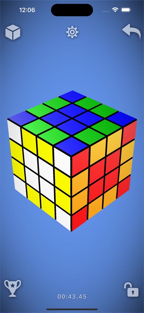 Magic Cube Puzzle 3D - Die Abbildung zeigt den ikonischen 3x3x3 Zauberwürfel in einem leicht verdrehten Zustand und eine minimalistische Benutzeroberfläche mit integriertem Timer.