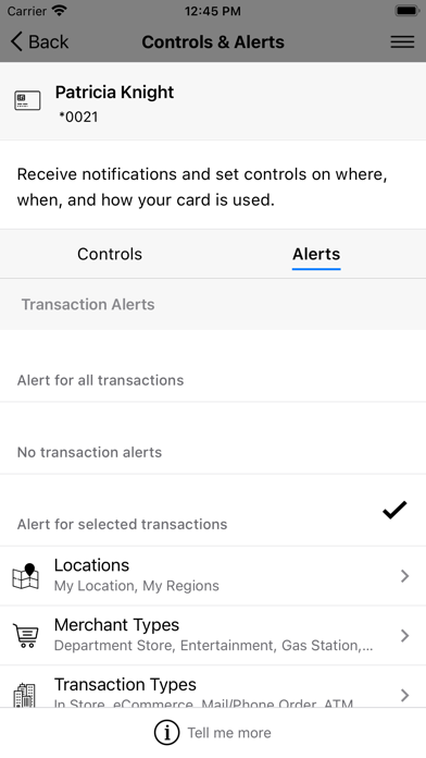 Bossier Federal Card Control Screenshot