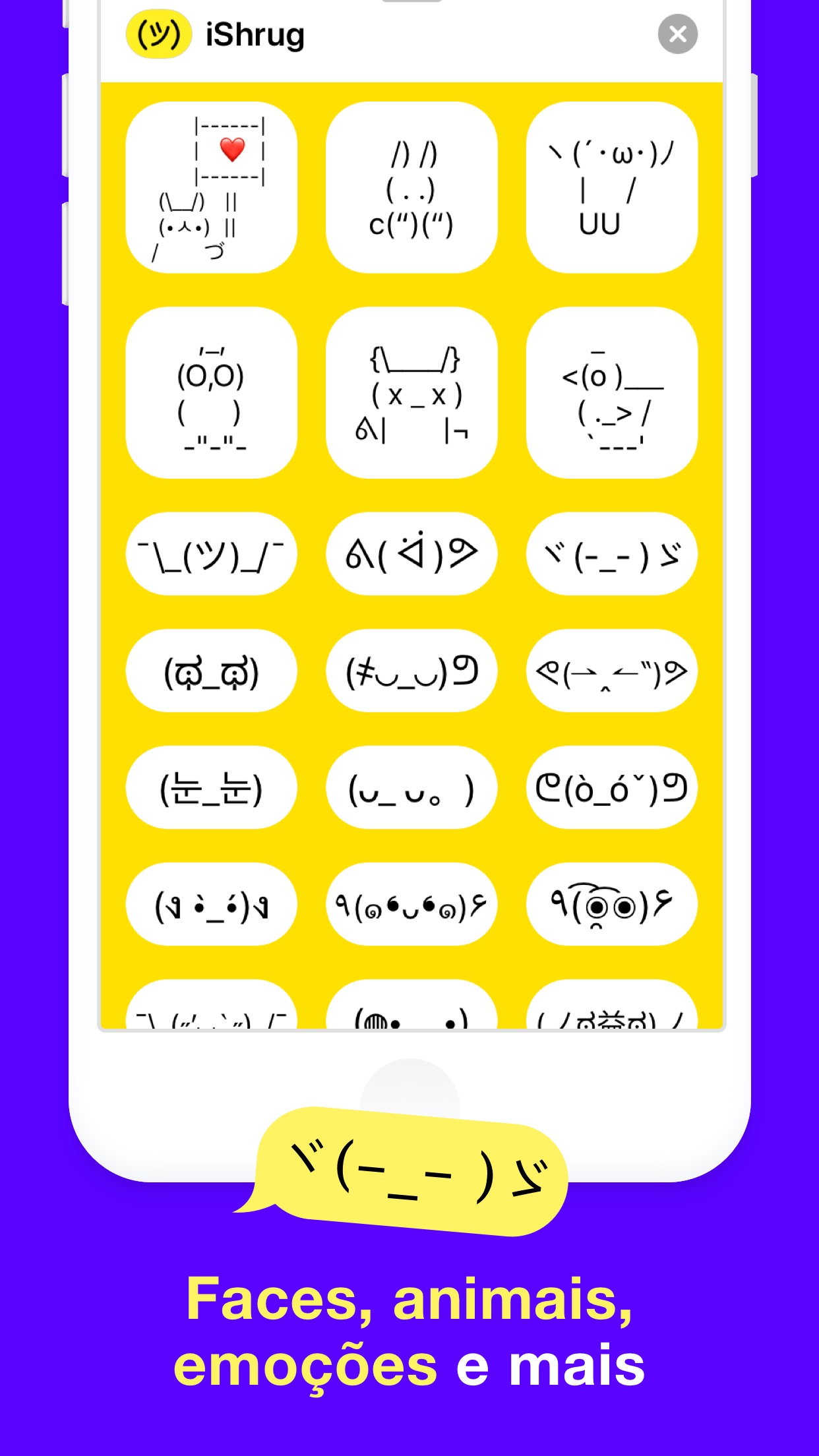 Screenshot do app iShrug: Kaomoji e Arte ASCII