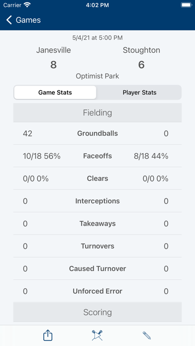 Men’s Lacrosse Stats Screenshot
