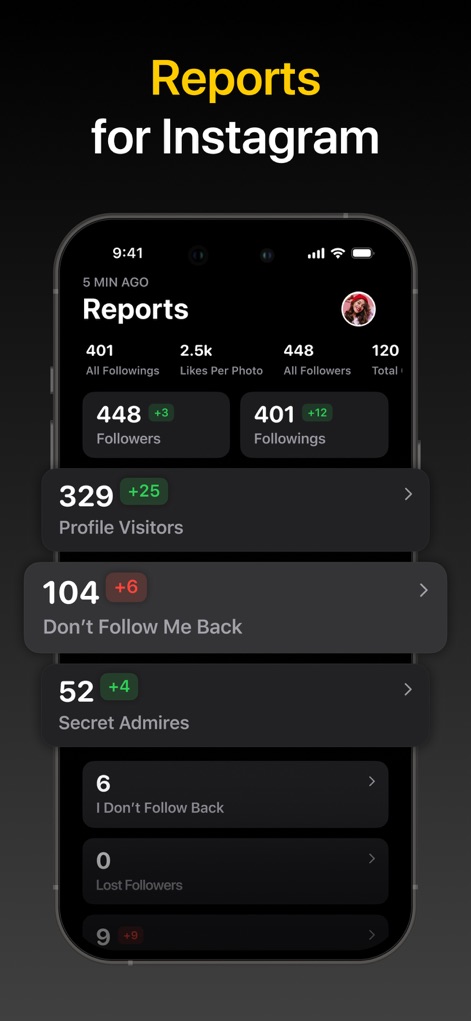 Followers Tracker - Reports - La aplicación ofrece un resumen de métricas clave, como el número de "Profile Visitors" y la cantidad de usuarios que "Don't Follow Me Back", permitiendo una visión rápida del rendimiento.