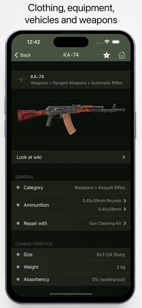 Pocket Wiki for DayZ - Diese Ansicht zeigt eine spezifische Item-Detailseite mit einem hochauflösenden Bild und präzisen Charakteristiken wie Größe und Gewicht für fundierte Entscheidungen.