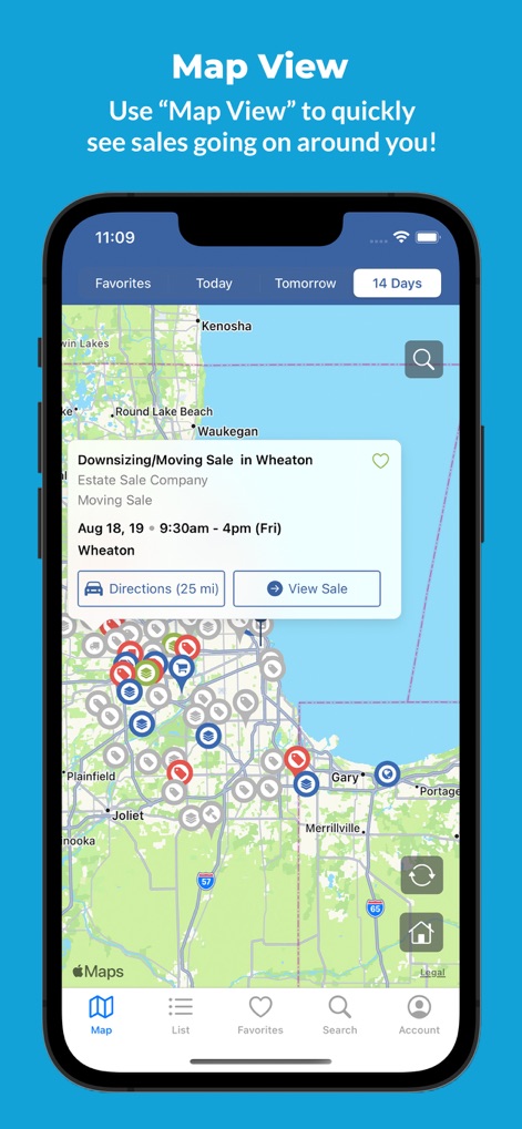 Estate Sales - EstateSales.NET - The interactive map empowers users to visualize nearby sales with distinct map pins, offering immediate 'Directions (25 mi)' for seamless navigation to their next discovery.