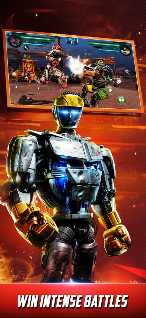 World Robot Boxing - Experience the thrill of dynamic in-game combat, featuring detailed robot models and an explosive battle sequence in a vibrant arena setting.