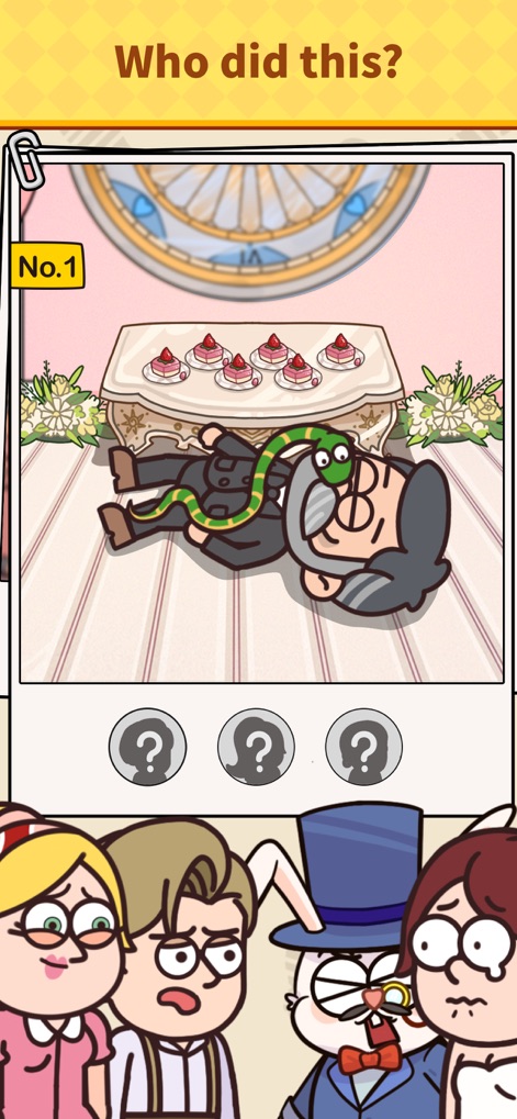 Case Hunter-Can you solve it? - Gli utenti sono chiamati a risolvere un caso macabro, evidenziato dalla vittima con un serpente e i dolci sul tavolo, mentre i testimoni osservano atterriti.