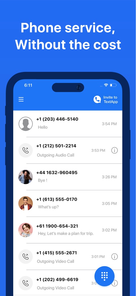 Text ▹ - Esta herramienta presenta un historial de comunicaciones claro con detalles de llamadas y un botón para "Invitar a TextApp" en la cabecera.