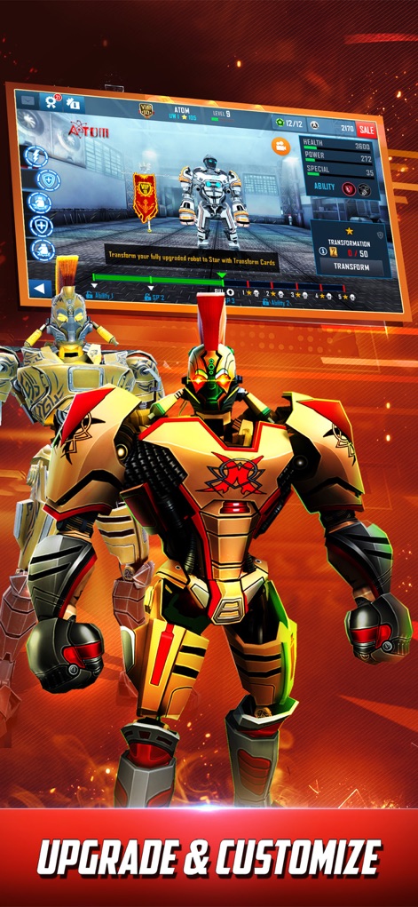 World Robot Boxing - Observe the detailed Upgrade & Transform interface for champion robots like Atom and appreciate the vibrant customization options, including distinct aesthetic modifications.
