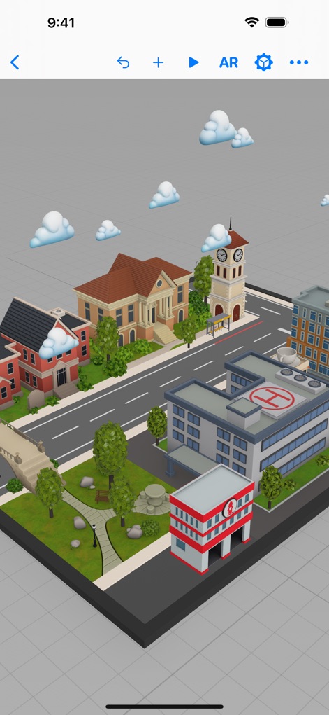 Reality Composer - Explore the app's extensive scene assembly capabilities, featuring detailed buildings and roads alongside an intuitive top toolbar for project management and AR preview.