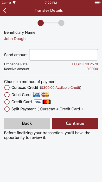 Curacao Money Transfer Screenshot