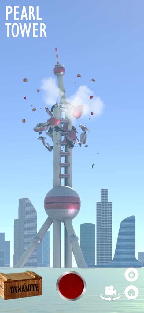 Fake Island: Demolish! - Witness the distinctive "Pearl Tower" as it succumbs to demolition, revealing its unique spherical elements and a sleek modern city skyline.
