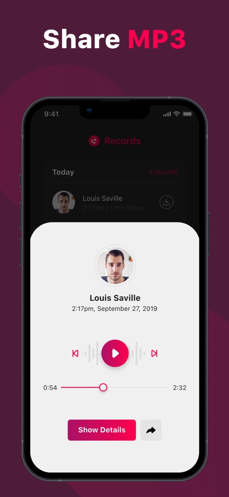 Call Recorder - Phone ACR - This tool presents a clean playback interface with a scrubbable progress bar and a dedicated share icon, allowing users to easily review and export their recordings.