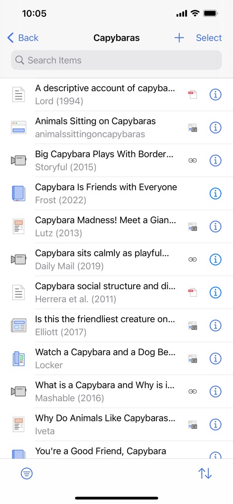 Zotero - Users can manage their research effortlessly, viewing a comprehensive item list and utilizing the efficient search bar.