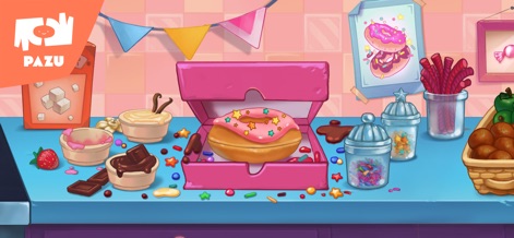 Burger Maker Kids Cooking Game - Dieses Bild zeigt die festliche Dekoration eines Donuts, bei der Nutzer aus verschiedenen Glasuren und farbenfrohen Streuseln wählen können, um ihre Kreation zu verschönern.
