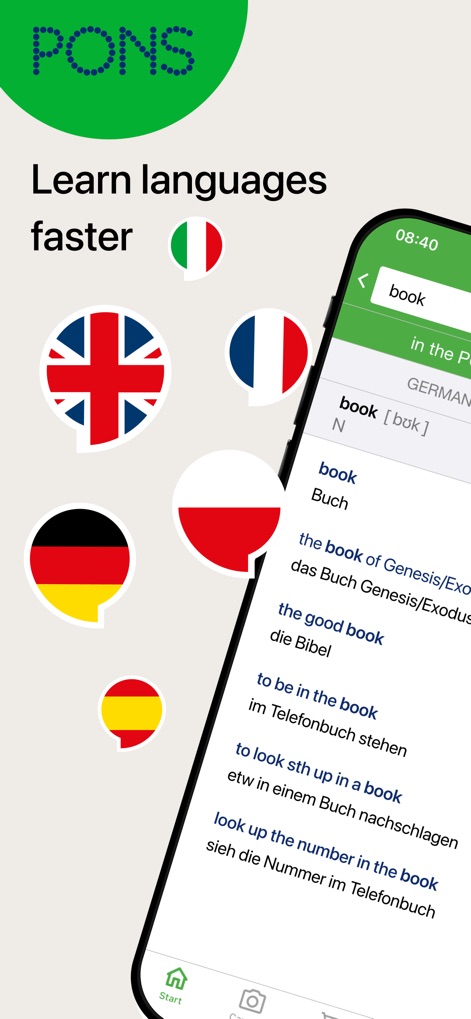 PONS Translate & Dictionary - Users can quickly search for words like 'book' and receive comprehensive dictionary entries, complemented by visual cues from various language flags.