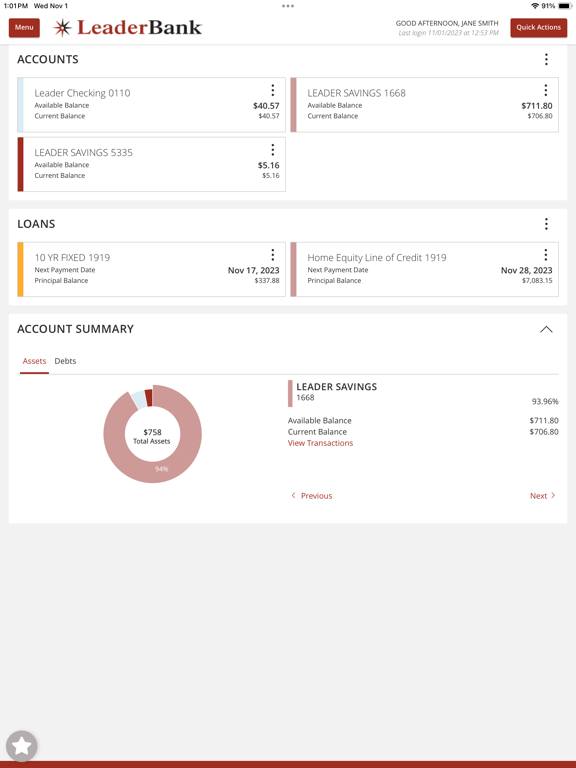 Leader Bank Digital Banking iPad screenshot 3 - Finance app