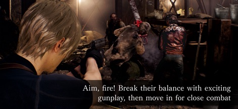 Resident Evil 4 - Observe the app's refined aiming mechanics as Leon targets an enemy with his pistol, alongside a menacing chainsaw-wielding foe approaching.