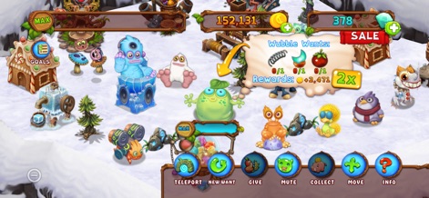 My Singing Monsters DawnOfFire - O sistema "Wubble Wants" engaja os jogadores com tarefas específicas, como os ícones de mola e tomate, enquanto uma variedade de monstros peculiares habita a ilha nevada.