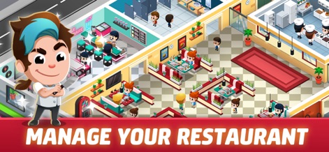 Idle Restaurant Tycoon: Empire - This overview showcases the bustling isometric restaurant environment filled with various customer types and interactive staff characters.