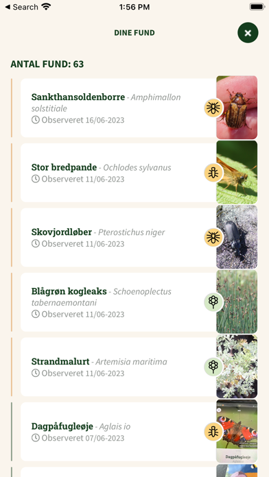 Arter - Indberetning Screenshot