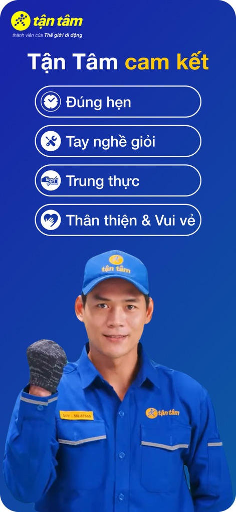Thợ Tận Tâm - Understand the app's unwavering commitment to service excellence, highlighted by promises of punctuality and the assurance of skilled technicians.