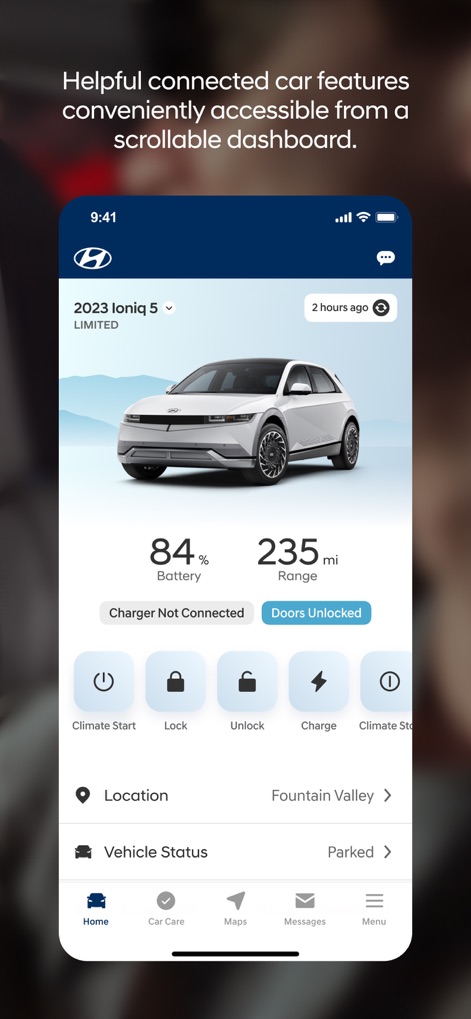 MyHyundai with Bluelink - The app's intuitive dashboard presents a clear overview of vehicle status, showing key metrics like battery charge and providing instant access to remote control functions.