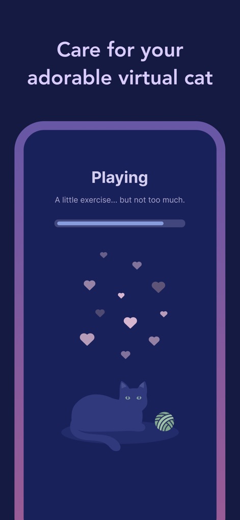Cozy Couples: Relationship App - Esta tela mostra a interação com o animal de estimação virtual do casal, onde um gato brincalhão com uma bola de lã e corações flutuantes ilustram a gamificação do cuidado e a criação de momentos de carinho compartilhados.