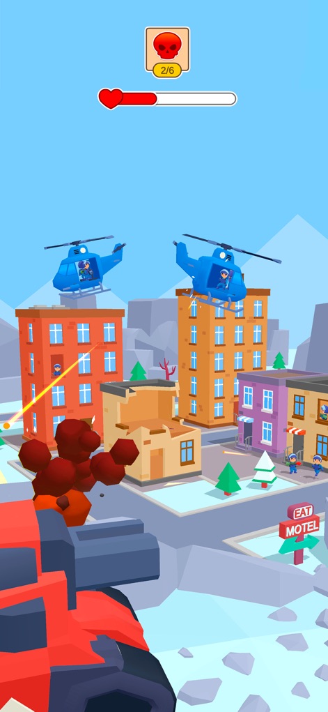 Tank Sniper: 3D Shooting Games - This scene captures the intensity of defending against multiple blue helicopters amidst city buildings, with player status clearly shown by the health bar and kill counter.