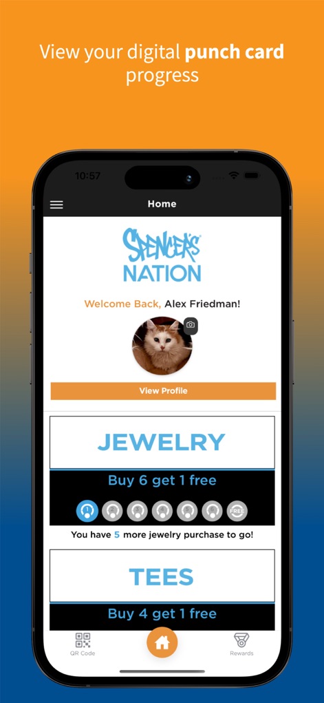 Spencer’s Nation - Users gain instant insight into their loyalty journey, clearly displaying earned rewards like 'JEWELRY' punch card progress and 'TEES' punch card progress.