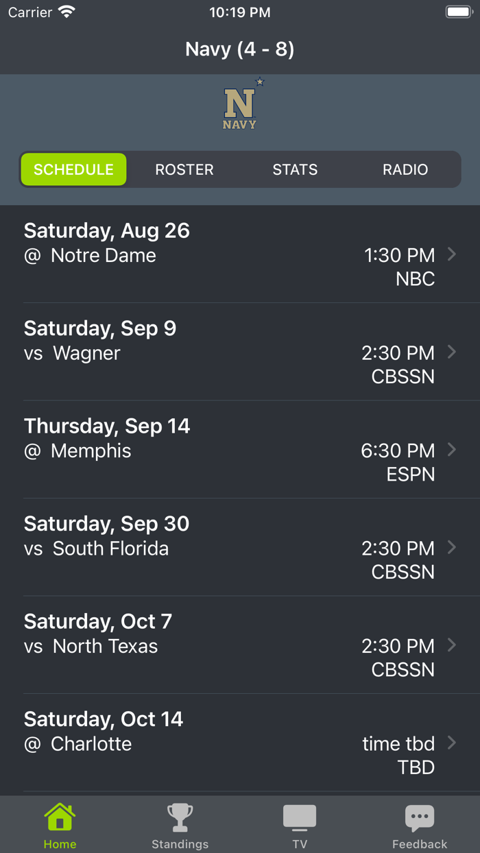 Navy Football Schedules