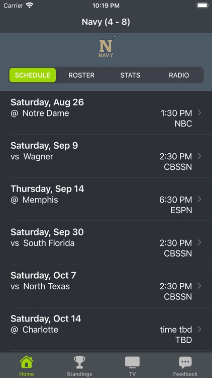 Navy Football Schedules