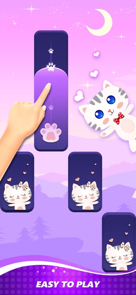 Catch Tiles - Piano Game - See how the app offers intuitive tap-based gameplay with charming paw print tiles and expressive cat characters for a delightful musical journey.
