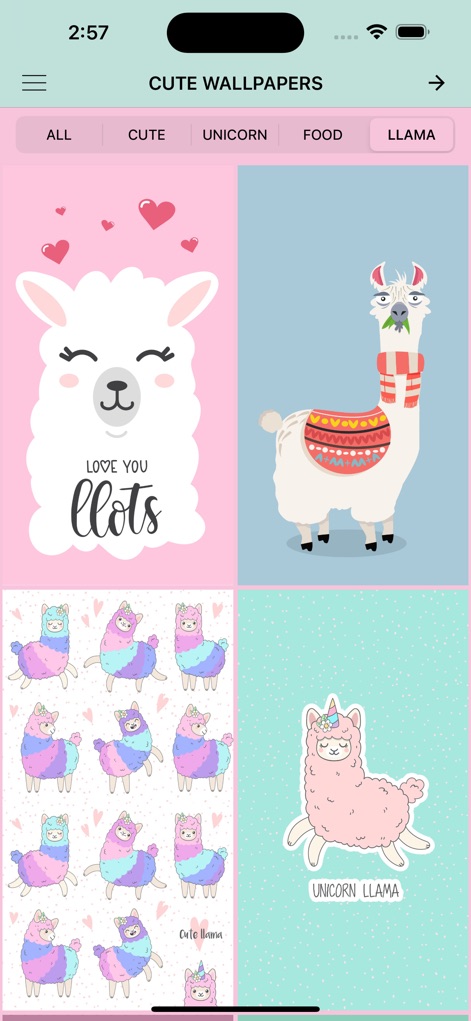 Cute Wallpapers Background - Browse an endearing collection of llama wallpapers, presented in a clear grid format, with various cute poses and expressions.