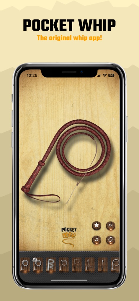 Pocket Whip: Original Whip App - Explore the app's intuitive interface with its realistic whip visual and accessible control icons for settings and effects.
