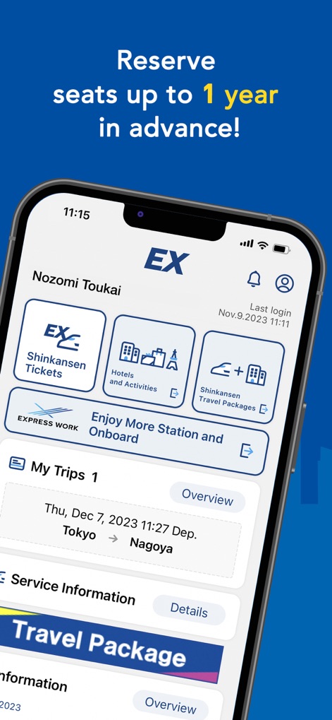 Shinkansen smartEX App - El dashboard principal permite la gestión de reservas con hasta un año de antelación, presentando un resumen claro de los viajes programados y accesos directos a otras funciones.