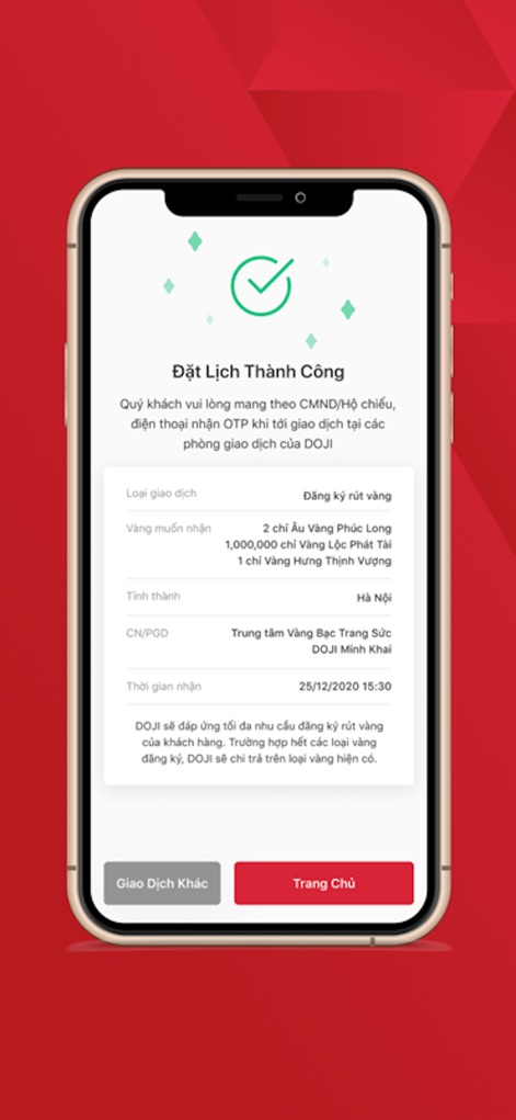 eGold – Vàng vật chất online - This screen confirms scheduled gold withdrawals, detailing the gold type and quantities, and specifies convenient DOJI branch locations for pickup.