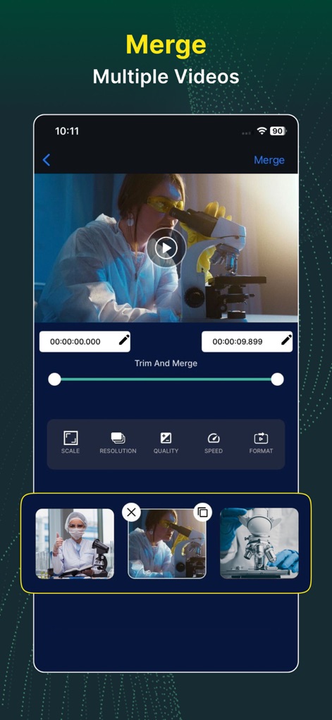 Video Converter and Compressor - A interface de mesclagem permite aos usuários combinar vídeos com facilidade, utilizando o recurso "Trim And Merge" para edições precisas e ajustando a "Resolution" do arquivo final.