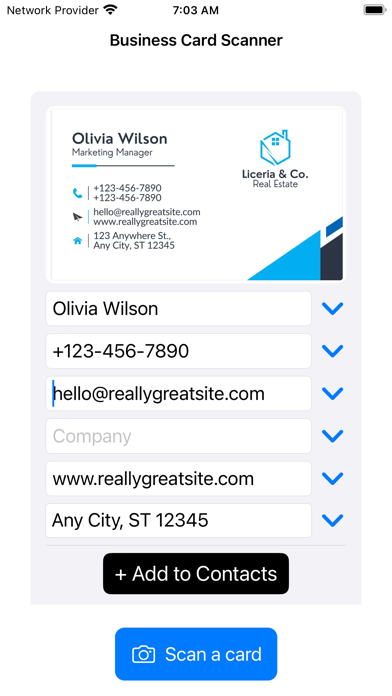 Business Card to Contacts Screenshot