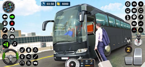 Bus Games: Coach Simulator 3D - La aplicación presenta gráficos 3D impresionantes y una interfaz de usuario clara, destacando el detalle del pasajero descendiendo y los múltiples controles en pantalla que facilitan la inmersión en la simulación.