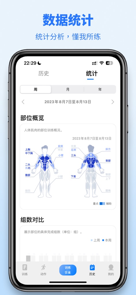 训记 - 训练计划专家 - The app provides a detailed "body part overview" using an anatomical diagram to highlight trained muscle groups, alongside a "set comparison" graph for tracking weekly progress.