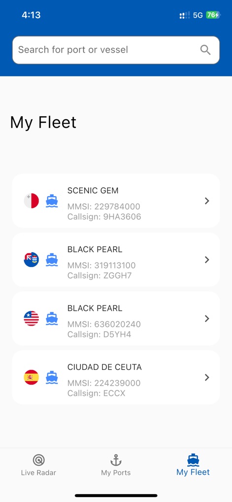 Ship Tracker - The app enables customizable fleet management, allowing users to track multiple vessels with their respective callsigns and MMSI.