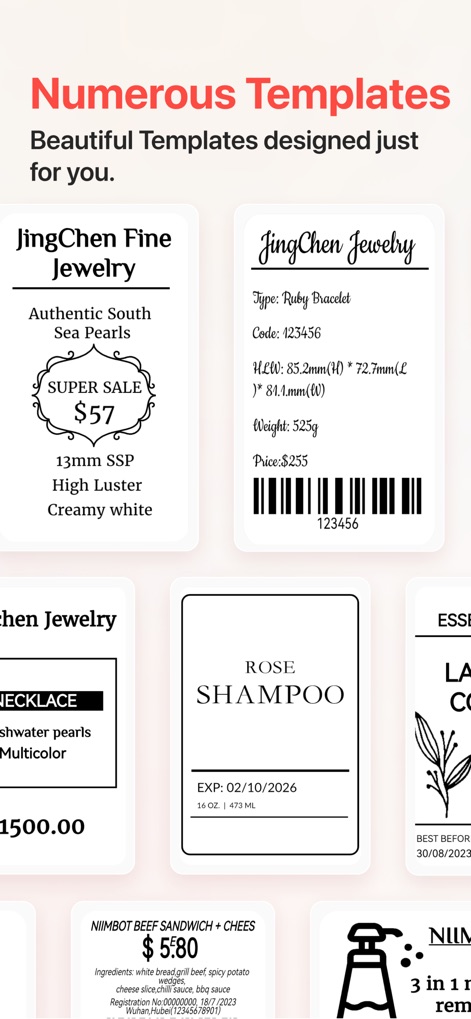 NIIMBOT - Explore the app's extensive collection of ready-to-use designs, from elegant jewelry tags to practical product labels for shampoo bottles.