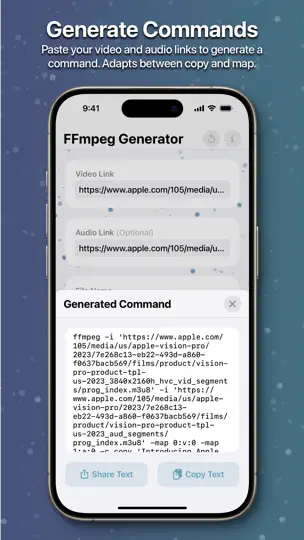 Captura de pantalla de FFmpeg Command Generator en iPhone 2