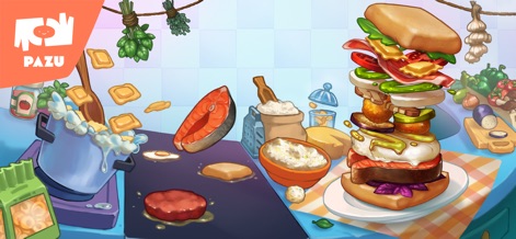 Burger Maker Kids Cooking Game - Das Bild demonstriert die unbegrenzten Möglichkeiten mit einem hoch gestapelten Burger, der fantasievolle Zutaten wie gefüllte Ravioli und frischen Lachs enthält, inmitten einer belebten Küchenszene.