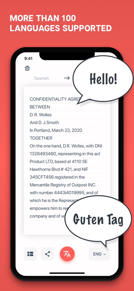 Scan & Translate+ Text Grabber - 「Hello!」と「Guten Tag」という吹き出しと共に、機密保持契約書がスペイン語から英語へ翻訳されている様子が示されており、本アプリの幅広い言語サポートを強調しています。